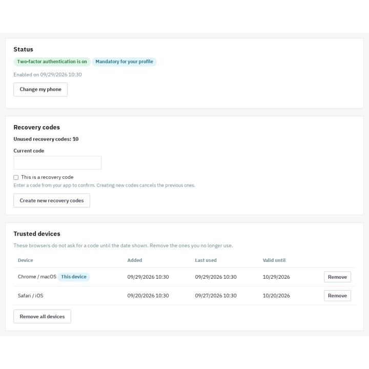My 2FA: recovery codes and trusted devices