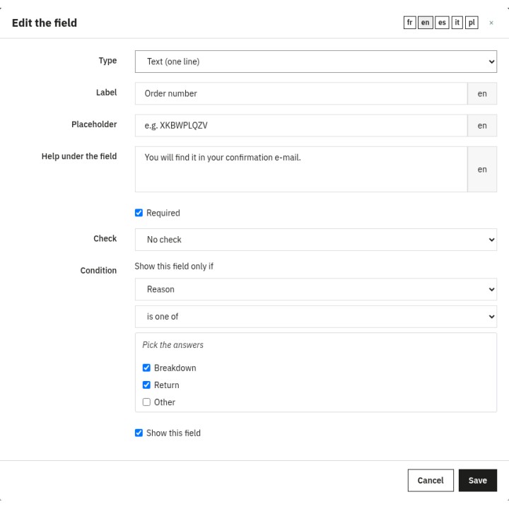 Edit a field: type, texts, check and condition