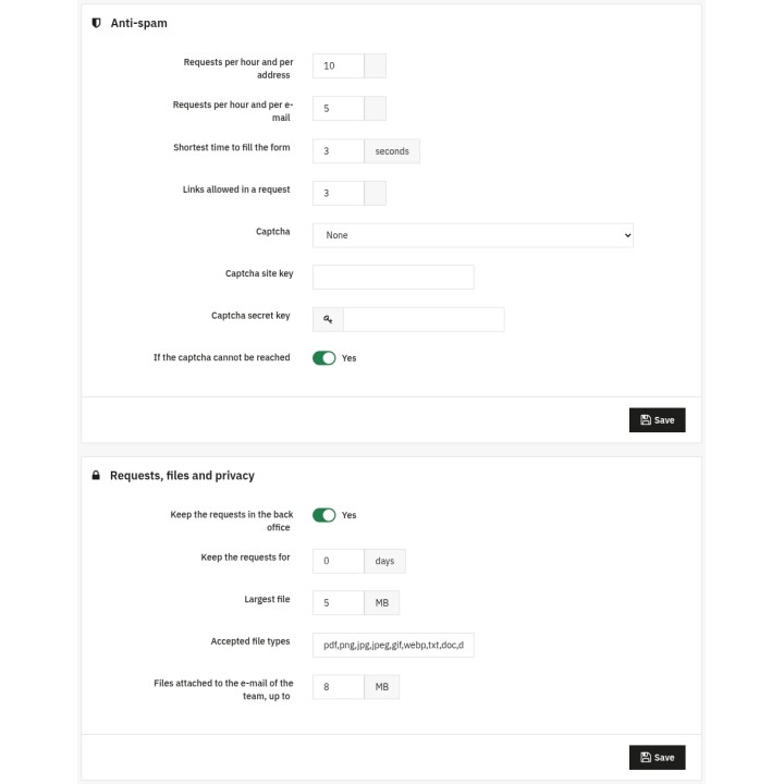 Anti-spam, retention and privacy settings