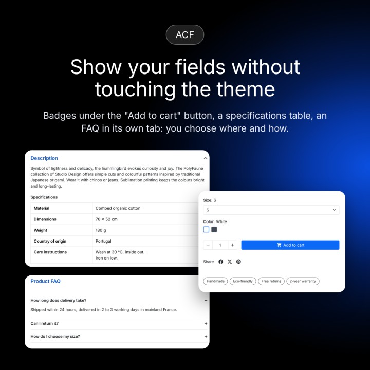 Affichez FAQ, badges et spécifications sur la fiche produit, sans code