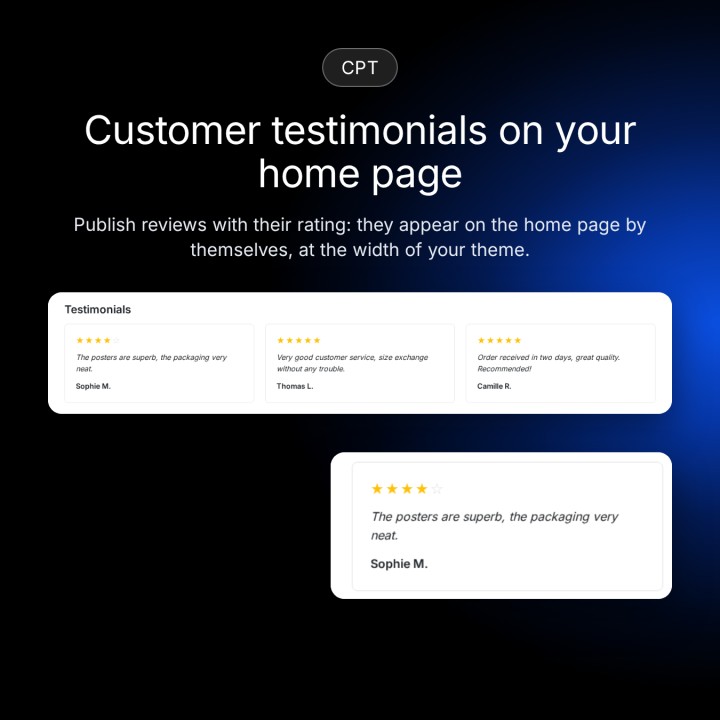 Vos témoignages clients sur la page d’accueil, avec leur note