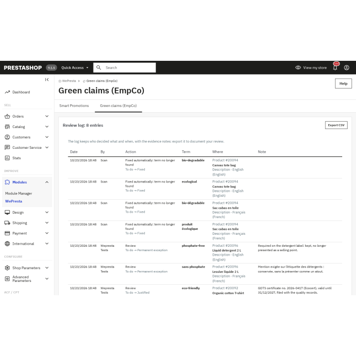 The review log: who decided what, when and on which evidence, exportable to CSV