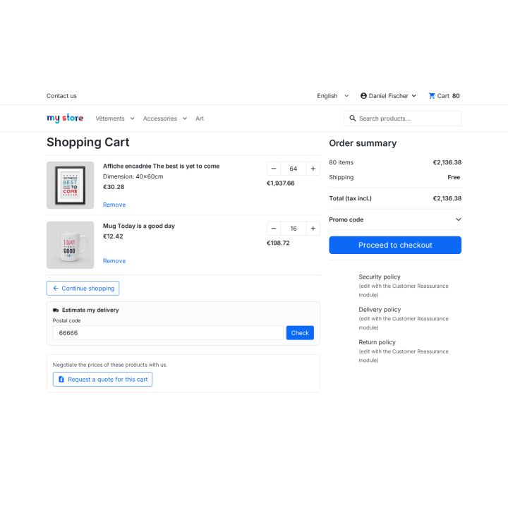 From the cart, one quote request for all its lines