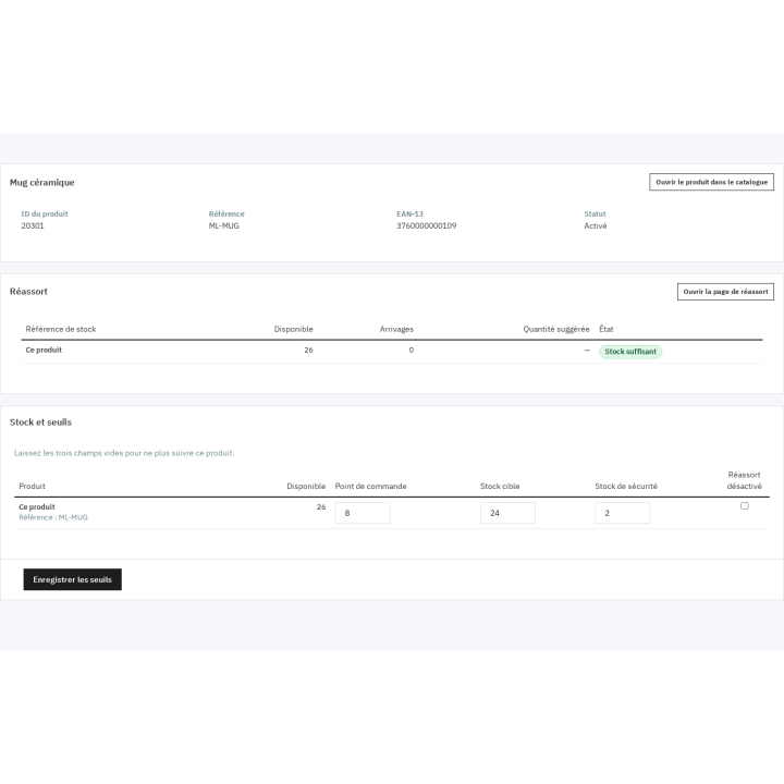 Punkt ponownego zamówienia, zapas docelowy i zapas bezpieczeństwa ustawione na produkcie, z sugerowaną ilością