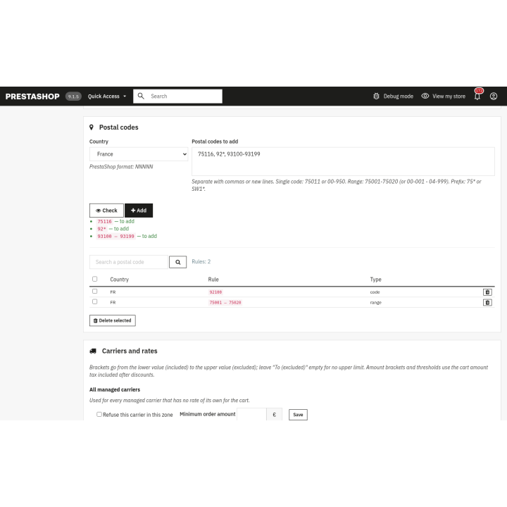 Zone editor: codes, prefix and range checked one by one before being added