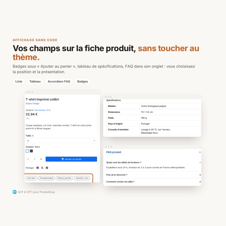 Affichez vos champs sur la fiche produit sans toucher au thème : badges, tableau, FAQ