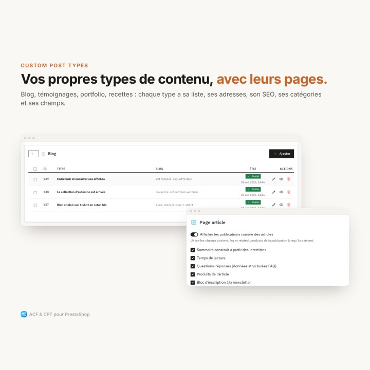Créez vos propres types de contenu, avec leurs adresses et leur SEO