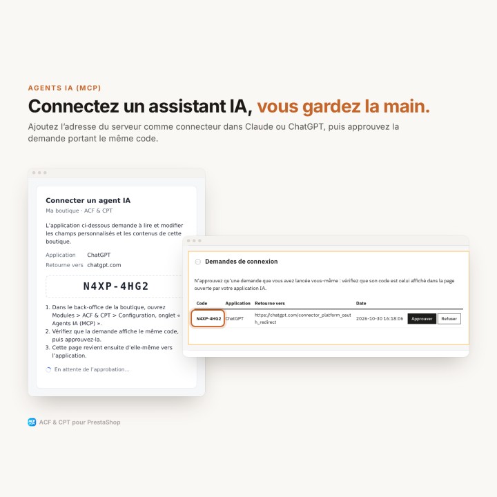 Connectez un assistant IA en approuvant son code dans le back-office