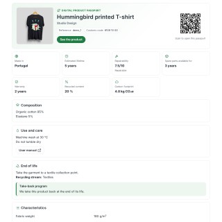 The digital product passport page opened by the QR code