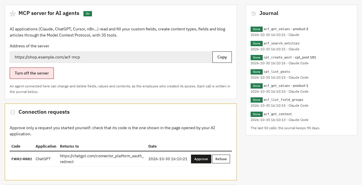 The AI agents (MCP) tab: the address of the server, a connection request to approve with its code and the journal of the calls.