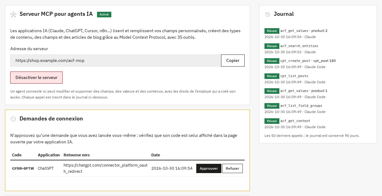 L’onglet Agents IA (MCP) : l’adresse du serveur, une demande de connexion à approuver avec son code et le journal des appels.
