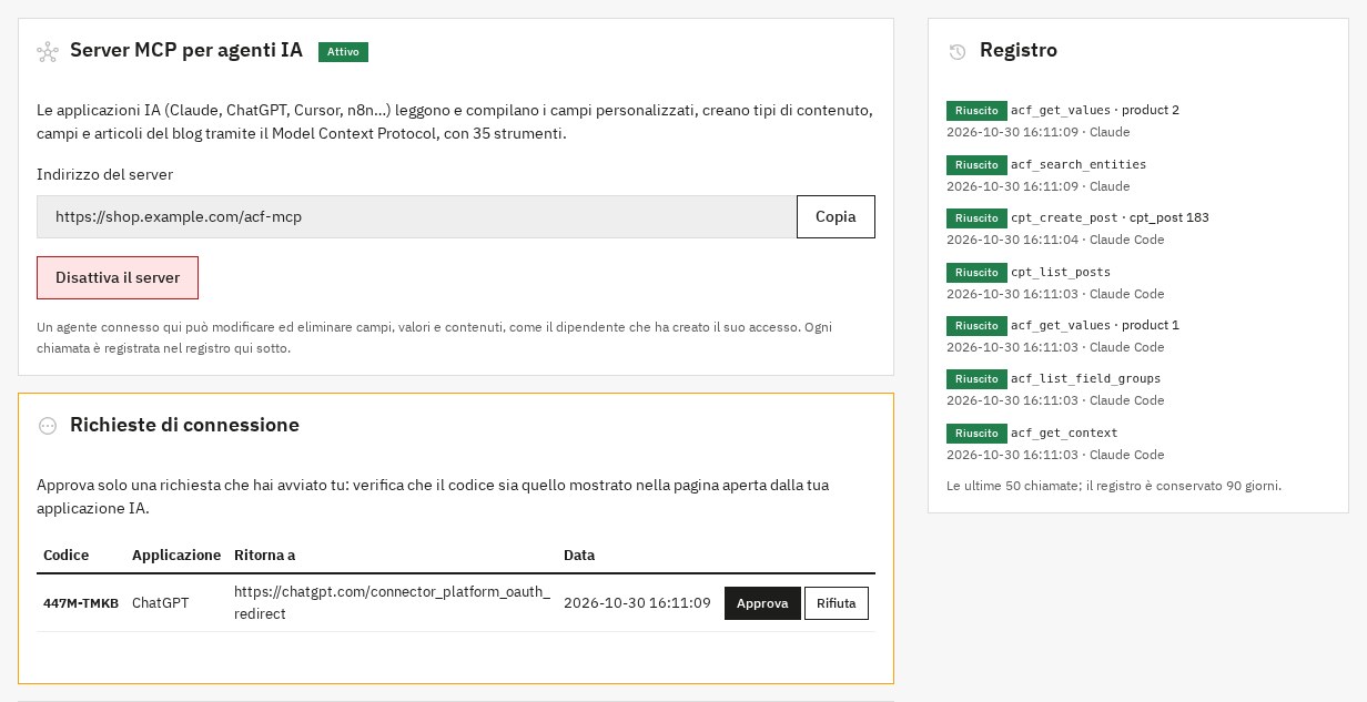 La scheda Agenti IA (MCP): l’indirizzo del server, una richiesta di connessione da approvare con il suo codice e il registro delle chiamate.