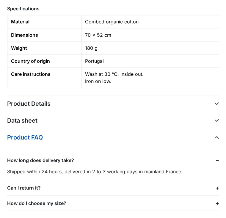 A product page: specifications table at the end of the description and an FAQ accordion, with no theme edit.