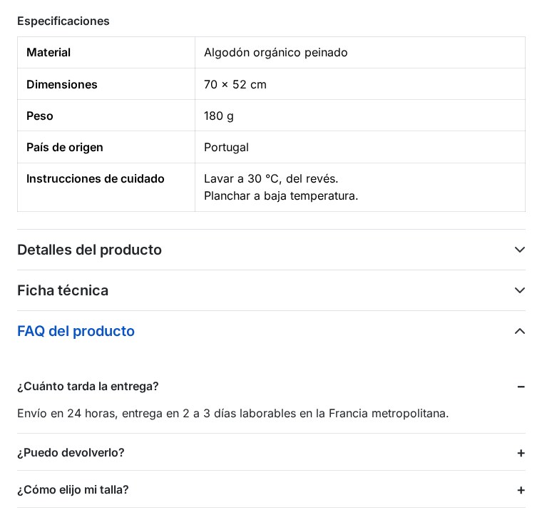 Una ficha de producto: tabla de especificaciones al final de la descripción y FAQ en acordeón, sin retocar el tema.