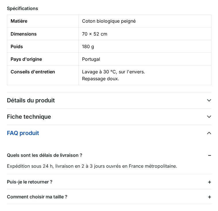 Une fiche produit : tableau de spécifications à la fin de la description et FAQ en accordéon, sans retouche du thème.
