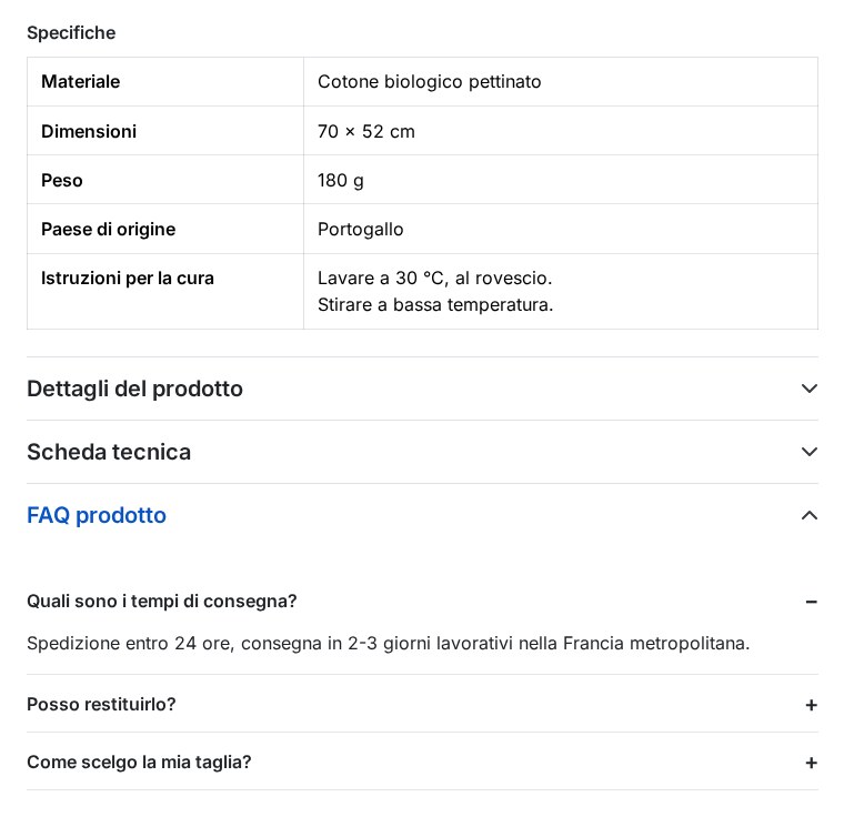 Una scheda prodotto: tabella di specifiche alla fine della descrizione e FAQ a fisarmonica, senza ritocchi al tema.