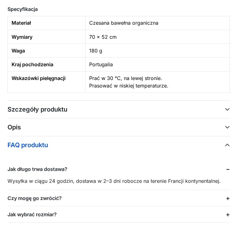 Karta produktu: tabela specyfikacji na końcu opisu i FAQ w harmonijce, bez zmian w motywie.