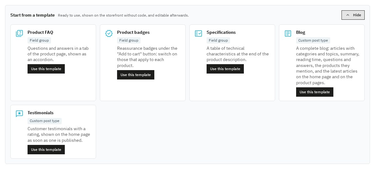 The templates of the builder: product FAQ, badges, specifications, blog and testimonials, created in one click.