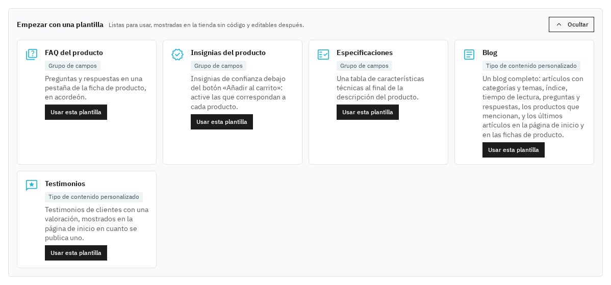 Las plantillas del constructor: FAQ de producto, insignias, especificaciones, blog y testimonios, creados con un clic.