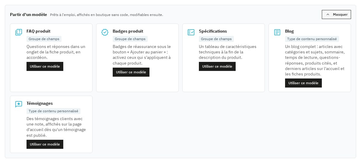 Les modèles du constructeur : FAQ produit, badges, spécifications, blog et témoignages, créés en un clic.