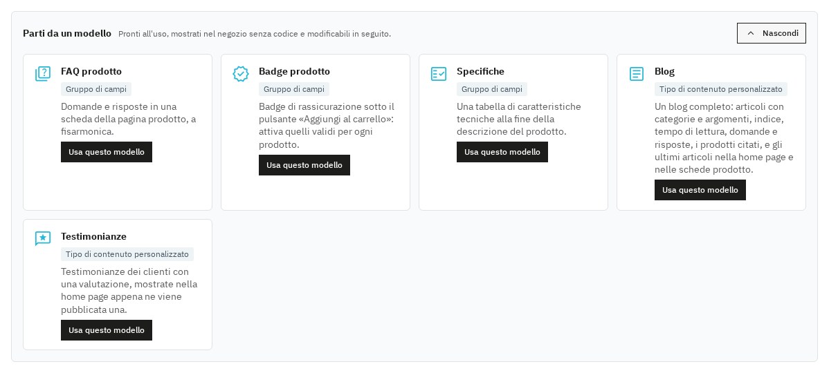 I modelli del costruttore: FAQ prodotto, badge, specifiche, blog e testimonianze, creati con un clic.