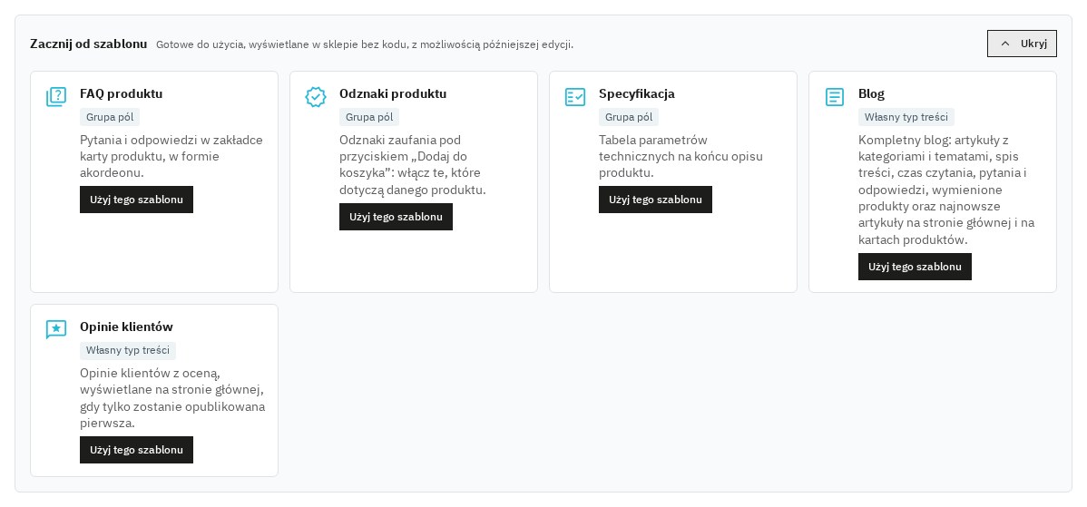 Szablony kreatora: FAQ produktu, odznaki, specyfikacja, blog i opinie, tworzone jednym kliknięciem.