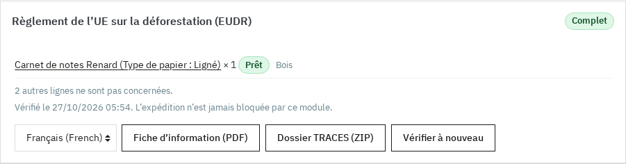 Le panneau d'une commande : état, ligne prête, fiche PDF, dossier TRACES et nouvelle vérification.