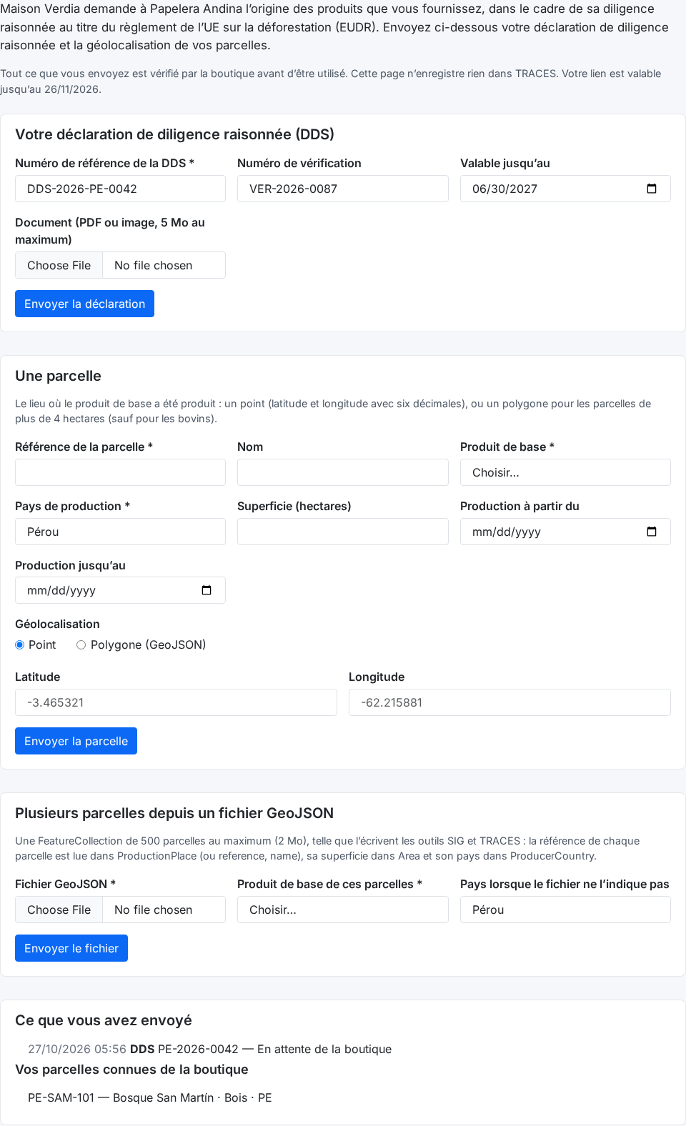 Le portail du fournisseur : sa DDS, une parcelle, ou un fichier GeoJSON de plusieurs parcelles, dans sa langue.