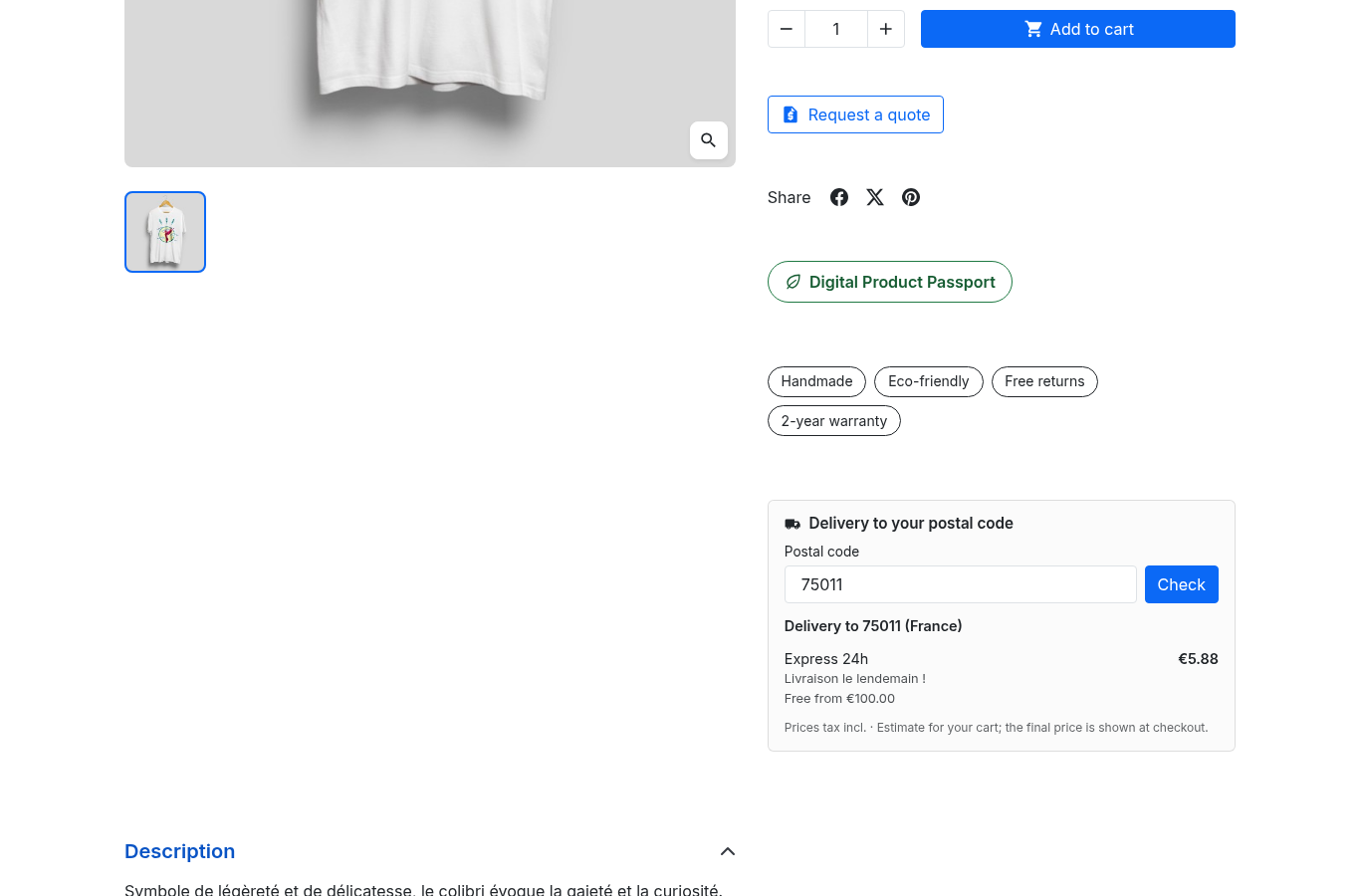 On the product page, the customer enters a postal code and sees the carrier, the tax-included price and the free-shipping threshold before adding to the cart.