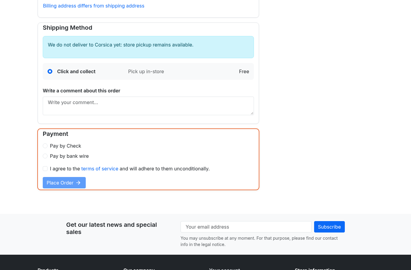 At the shipping step, the zone message explains the refusal and store pickup stays selectable: the customer is not left in front of an error.