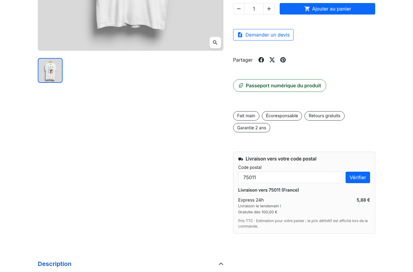 Sur la fiche produit, le client saisit son code postal et voit le transporteur, le prix TTC et le seuil de gratuité avant d'ajouter au panier.