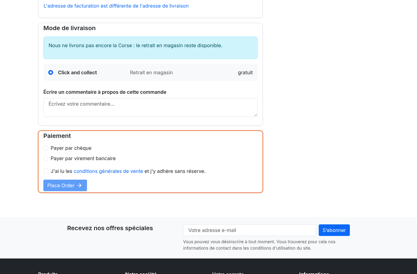 À l'étape Livraison, le message de la zone explique le refus et le retrait en magasin reste sélectionnable : le client n'est pas laissé devant une erreur.