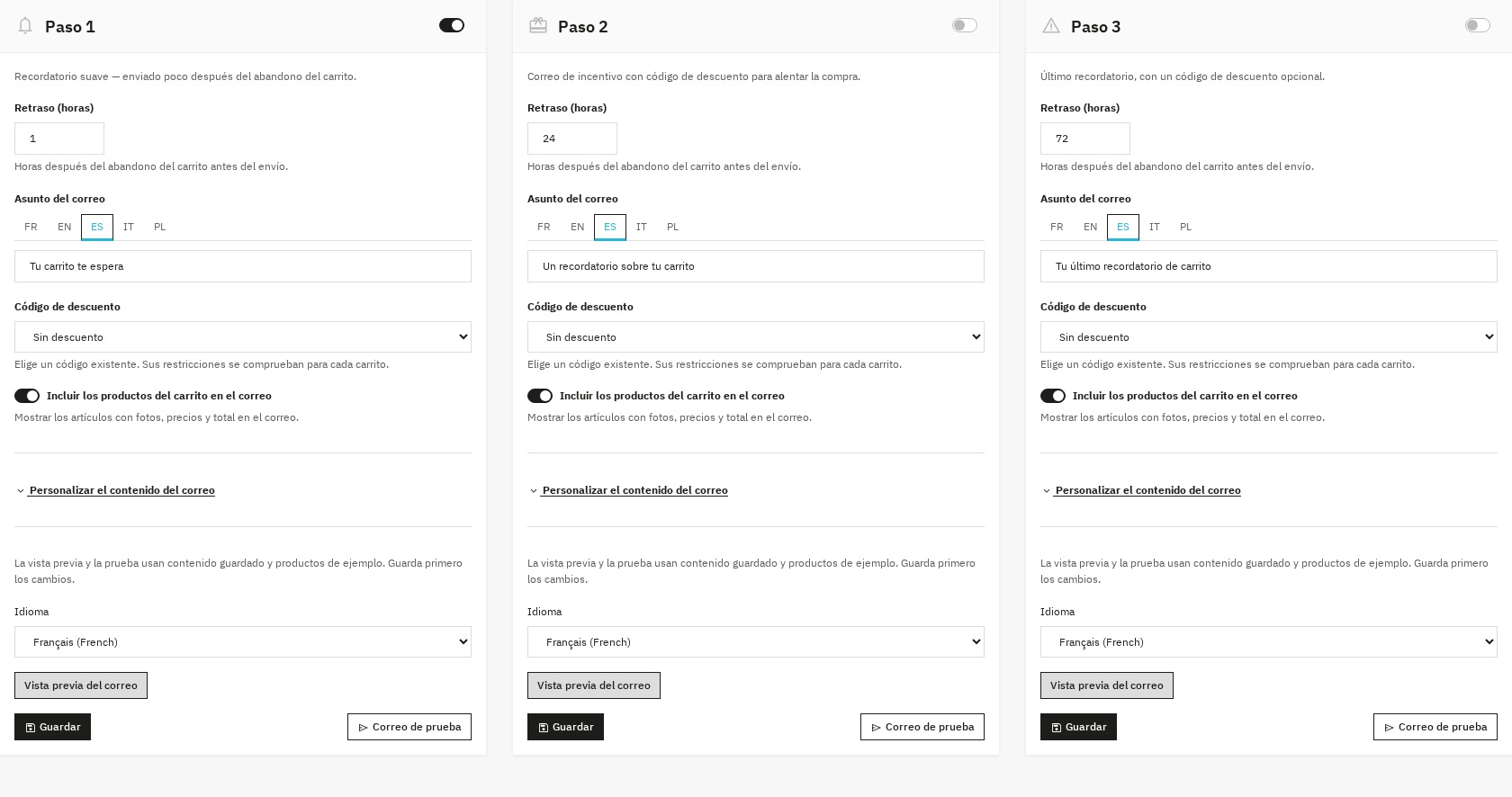 Ejemplo de las tres etapas de recordatorio