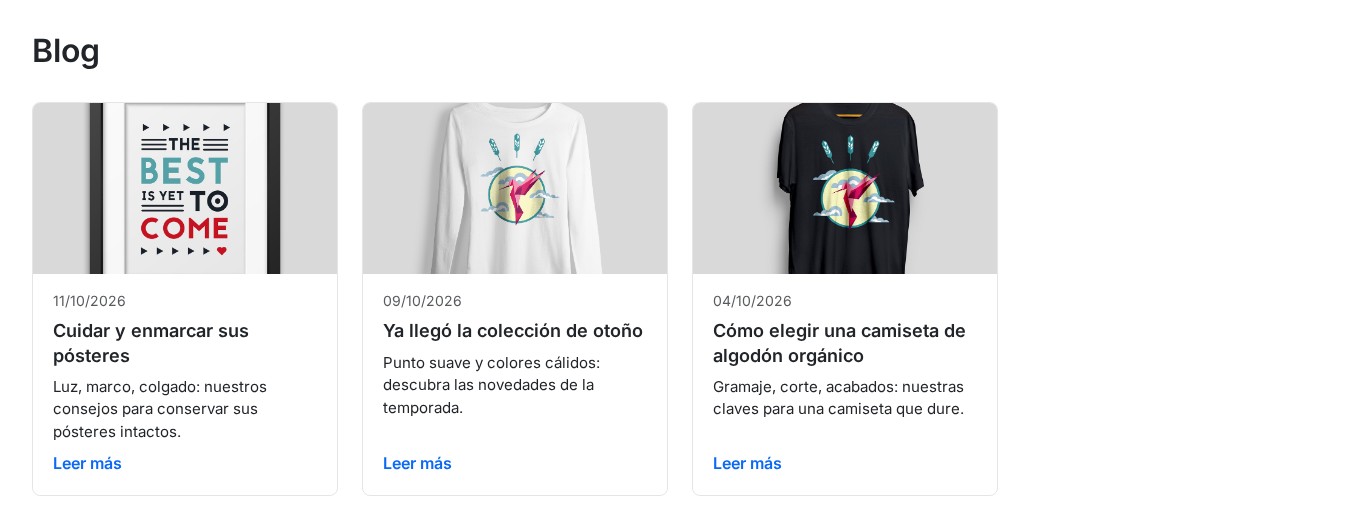 Archivo del blog con tres artículos en tarjetas