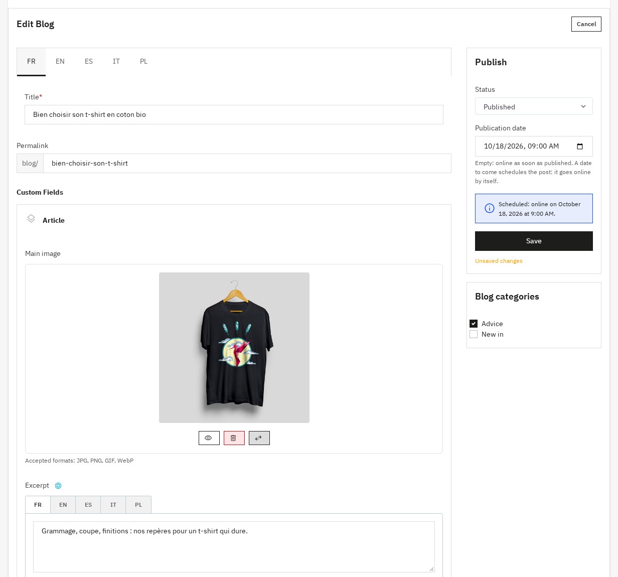 Article editor with a scheduled publication
