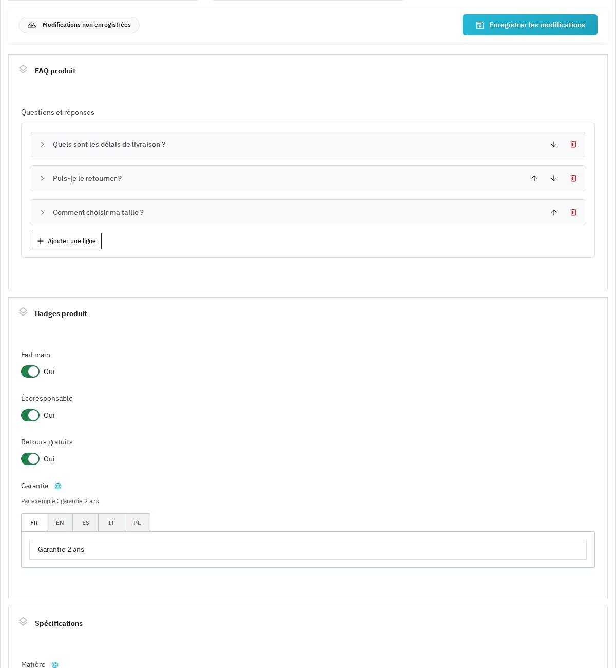 Formulaire du produit avec la FAQ, les badges et la garantie