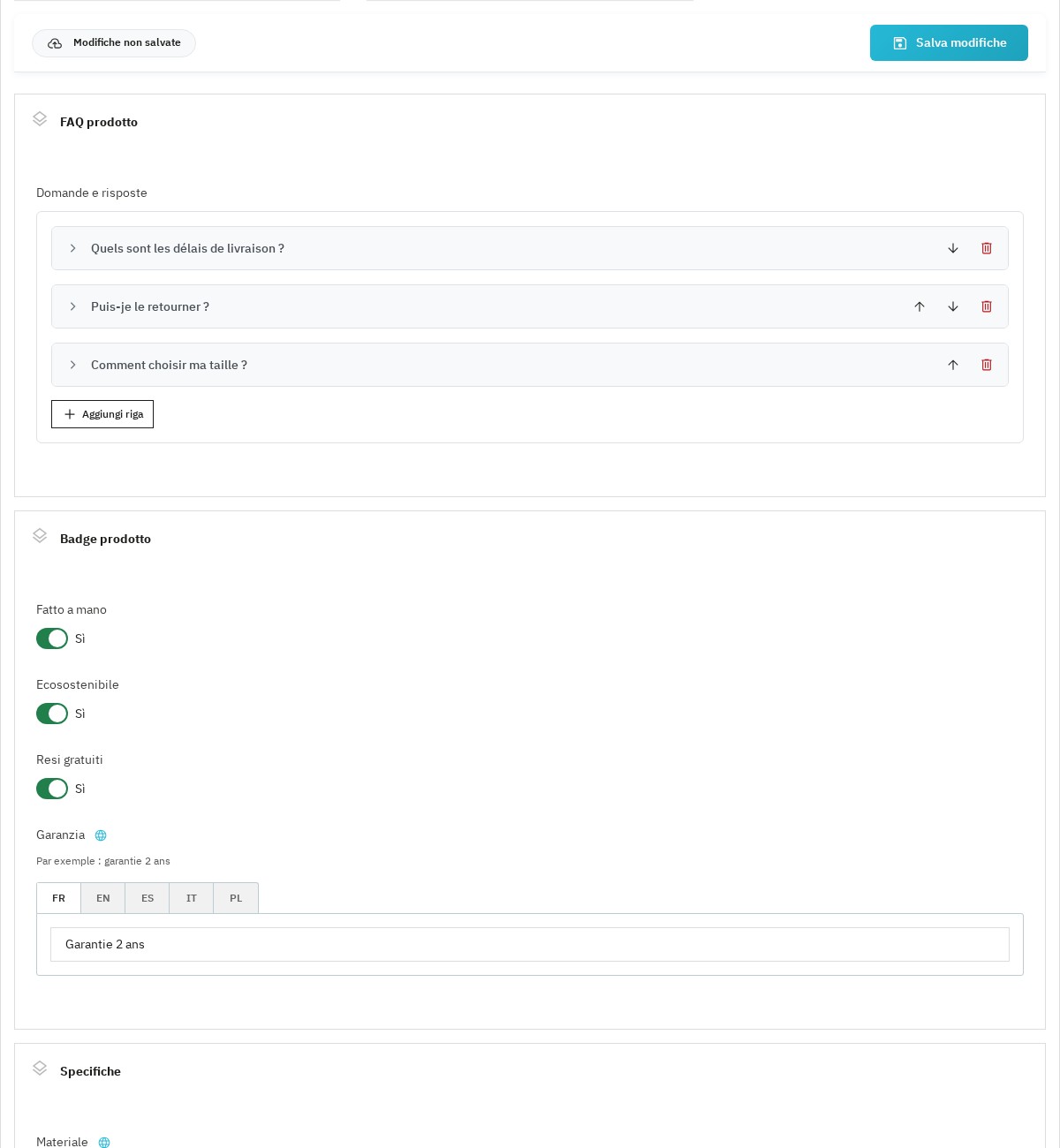 Modulo del prodotto con la FAQ, i badge e la garanzia