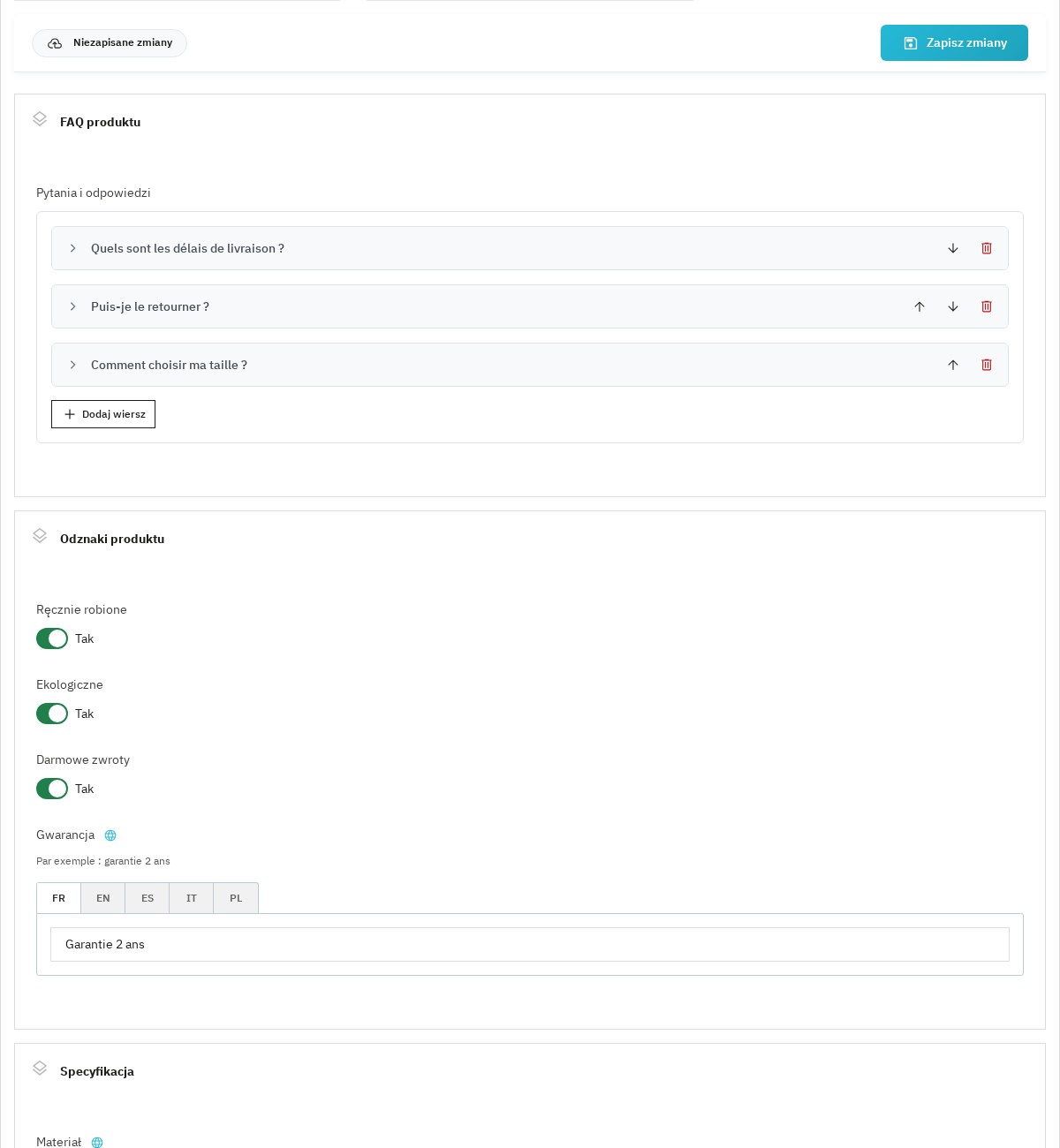 Formularz produktu z FAQ, odznakami i gwarancją