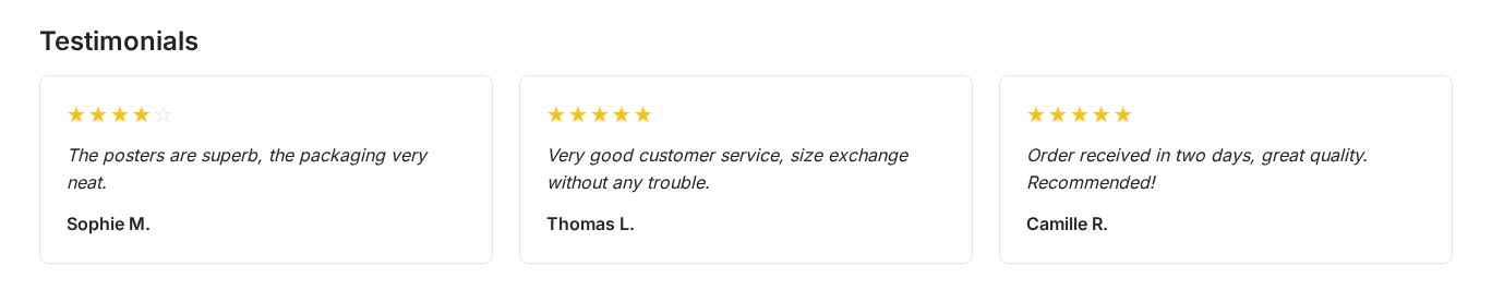 Three customer testimonials with their rating on the home page