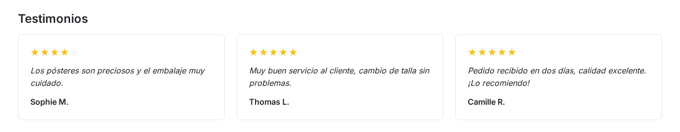 Tres testimonios de clientes con su valoración en la página de inicio
