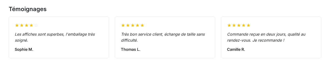 Trois témoignages clients avec leur note sur la page d’accueil