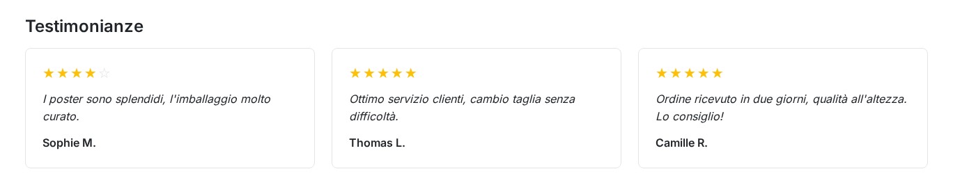 Tre testimonianze di clienti con la loro valutazione nella home page