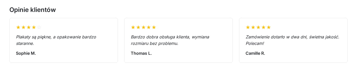 Trzy opinie klientów z oceną na stronie głównej