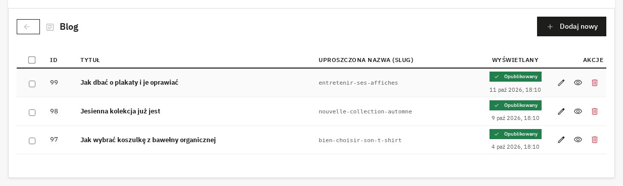 Lista artykułów z ich stanem
