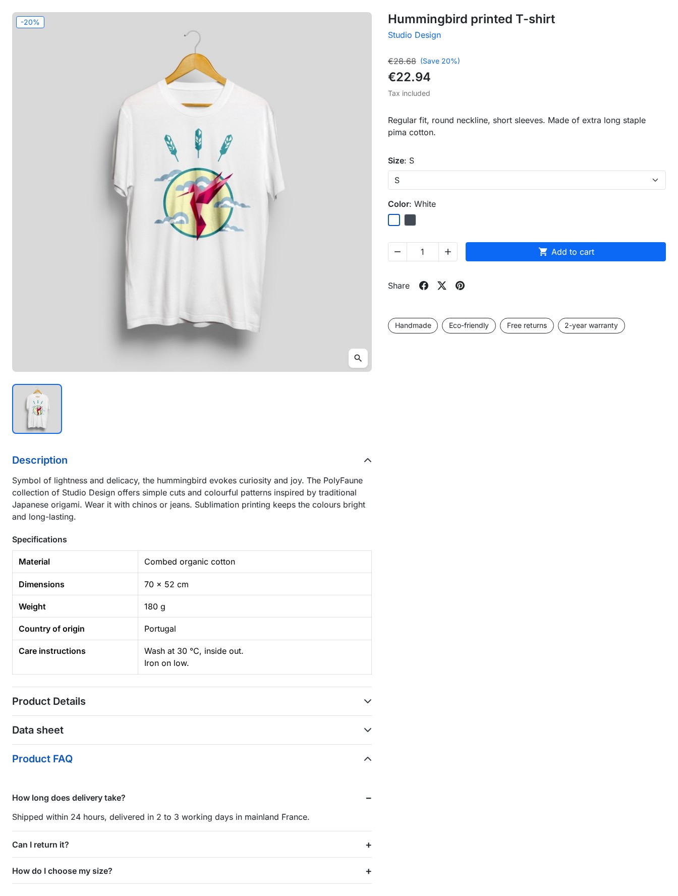 Product page with badges, a specifications table and an FAQ accordion