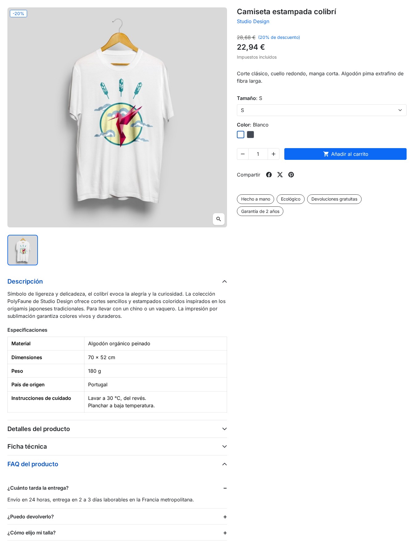 Ficha de producto con insignias, una tabla de especificaciones y una FAQ en acordeón