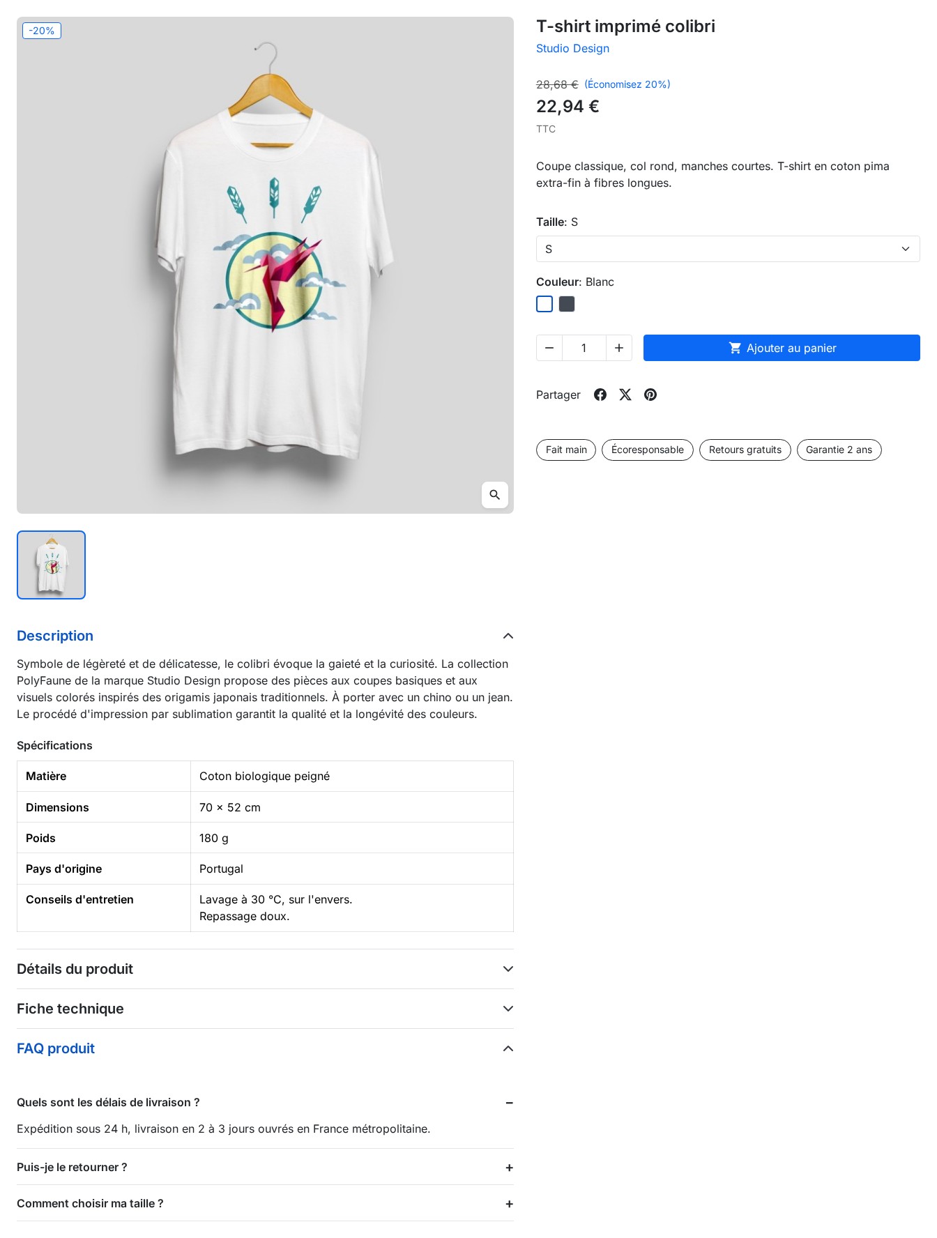 Fiche produit avec des badges, un tableau de spécifications et une FAQ en accordéon
