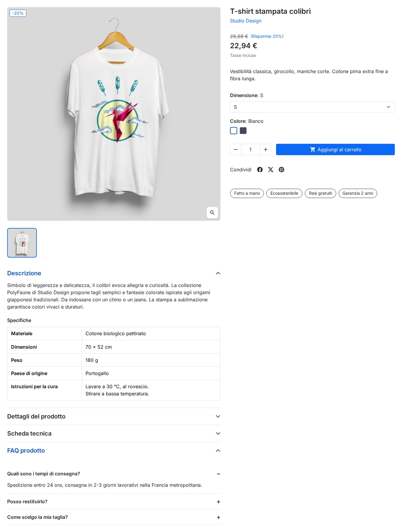 Scheda prodotto con badge, una tabella di specifiche e una FAQ a fisarmonica