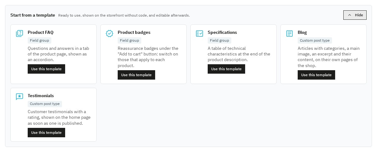 Template gallery: product FAQ, badges, specifications, blog and testimonials