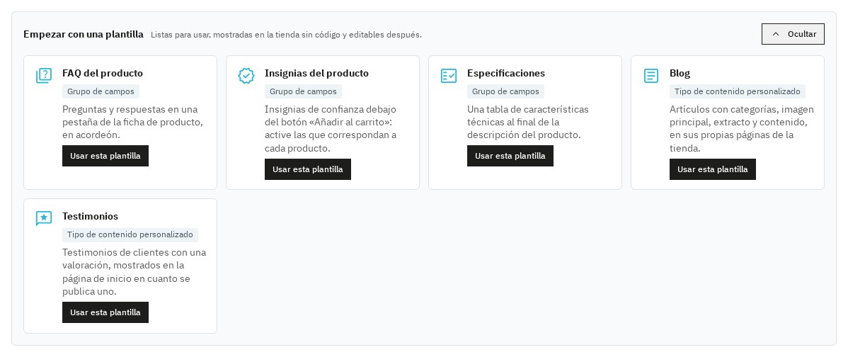 Galería de plantillas: FAQ del producto, insignias, especificaciones, blog y testimonios